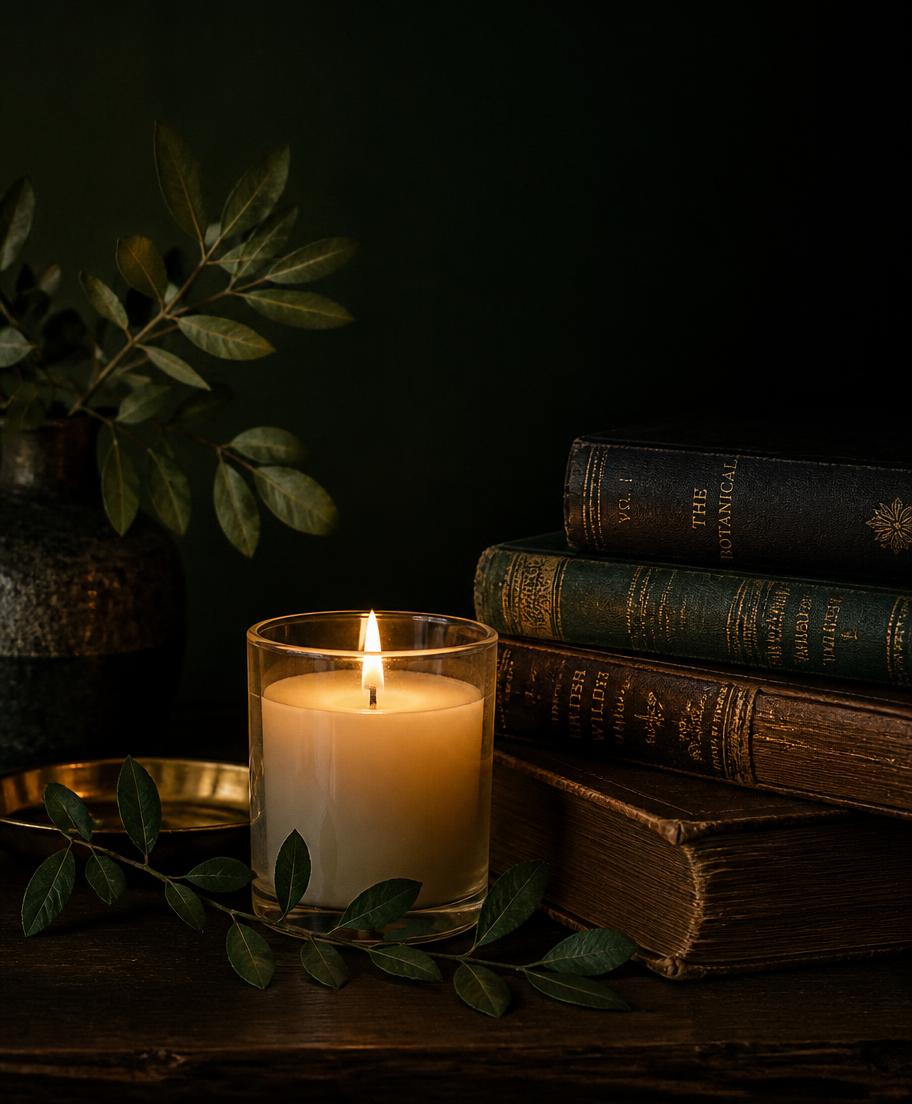 A lit candle beside a stack of antique books