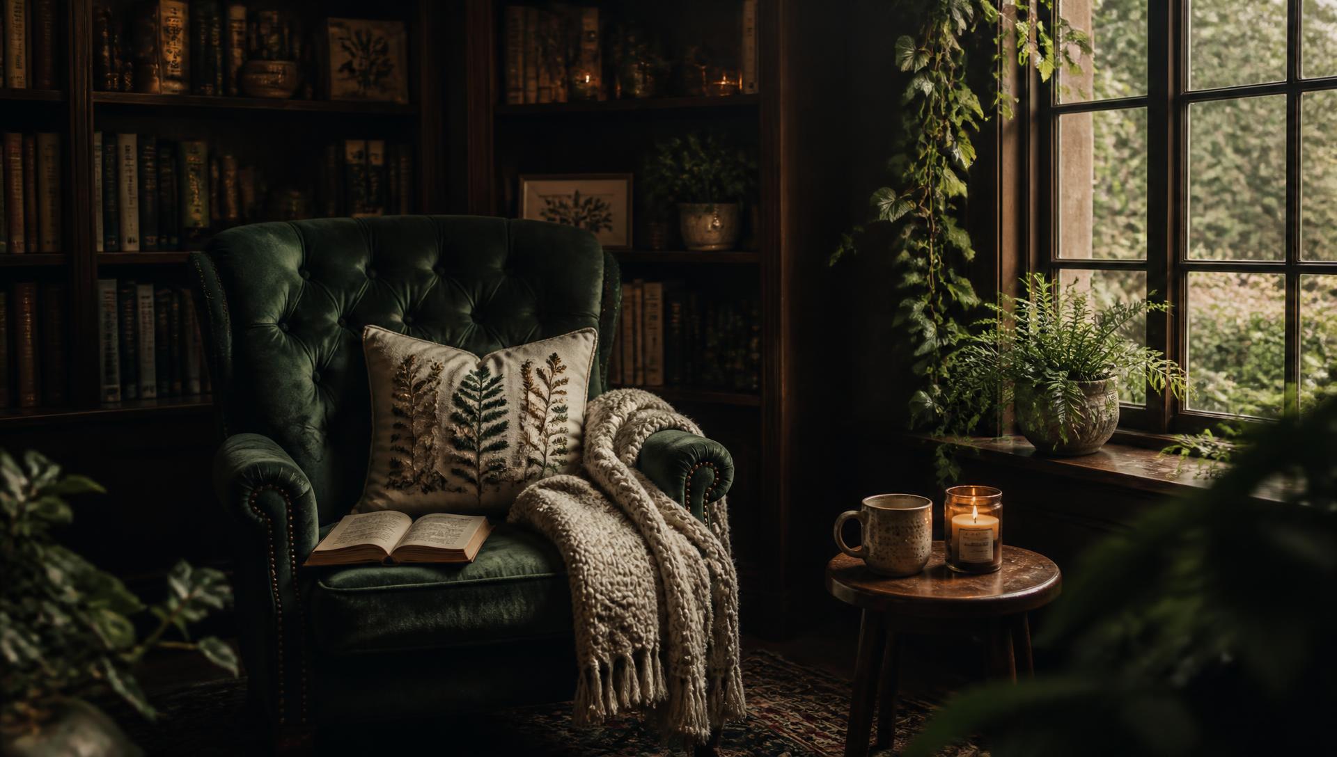 A deep green velvet reading chair with an open book beside a sunlit window in a wood-panelled library
