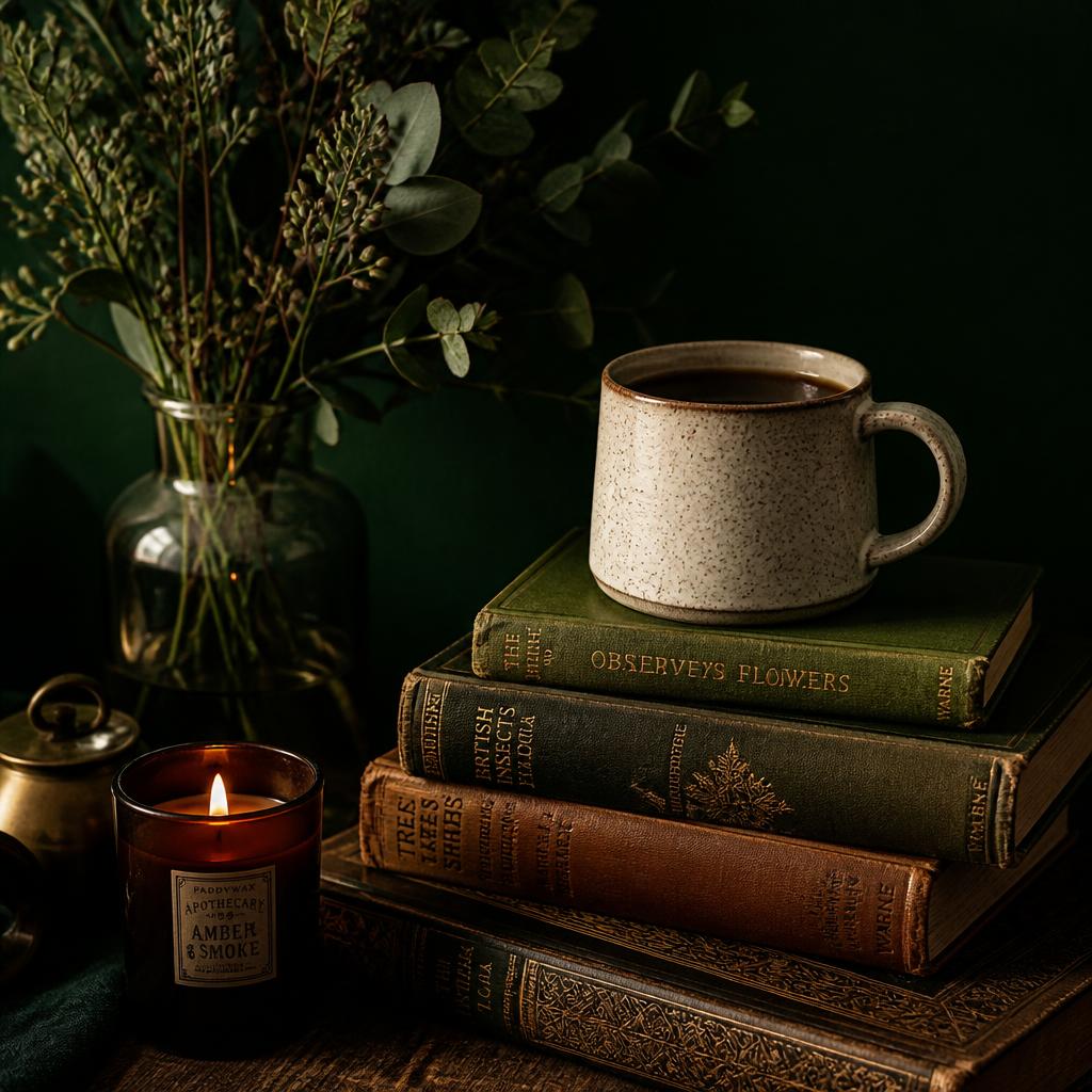 Books, a ceramic mug of coffee and a vase of foliage lit by candlelight